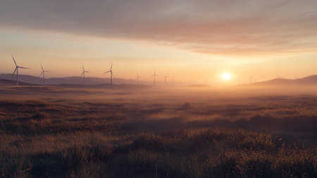 Wind turbines on a foggy meadow at sunrise. 3d renderingの写真素材