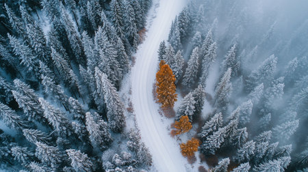 Aerial view of winter forest with trees covered with hoarfrost and snowの写真素材