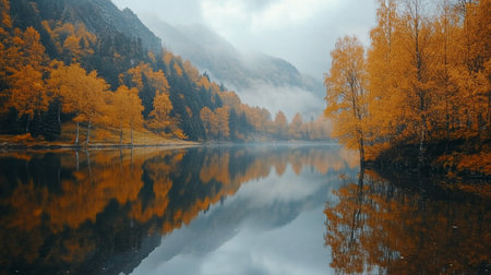 Autumn lake with yellow trees in the mountains reflected in the waterの写真素材
