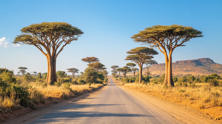 Scenic road in the savannah of Africa with acacia treesの写真素材
