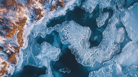 Aerial view of frozen lake in winter. Beautiful winter landscape.の写真素材