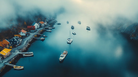 Foggy morning on the fjord in Norway. Aerial viewの素材