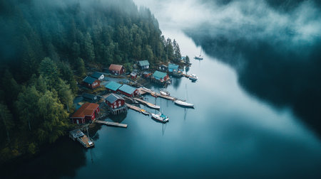 Aerial view of a small fishing village in the middle of a foggy lakeの写真素材