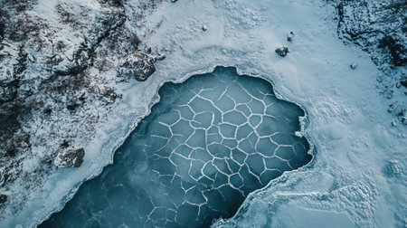 Aerial view of cracked ice on a frozen lake in winter.の写真素材