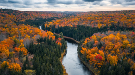 Aerial view of autumn forest and river. Colorful trees in fall season.の写真素材
