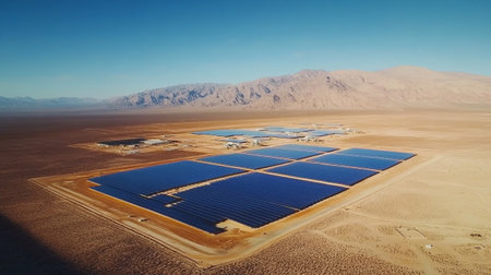 Aerial view of solar power plant in the middle of the desertの写真素材