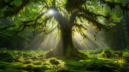 Huge old trees in a green forest with morning sunbeamsの写真素材