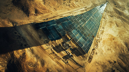 Aerial view of photovoltaic solar panels in a desertの写真素材