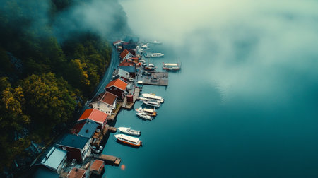 Aerial view of a small fishing village with boats and yachtsの写真素材