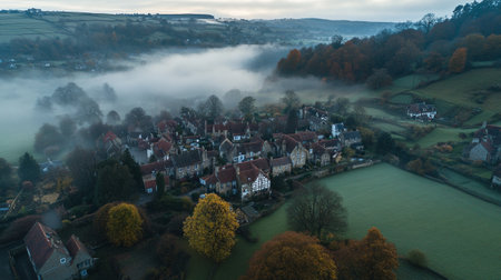 Aerial view of a small village in the middle of a foggy morningの写真素材