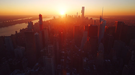 Aerial view of New York City at sunset with skyscrapersの写真素材