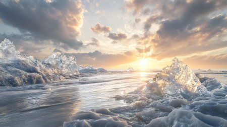 Ice on the shore of Lake Baikal at sunset, Russiaの写真素材