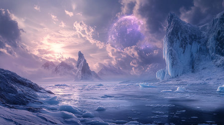 Fantasy alien planet. Mountain and frozen lake. 3D illustrationの写真素材