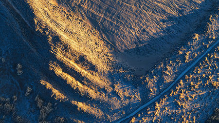 Aerial view of snow covered mountain road in winter. Top viewの写真素材