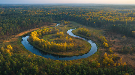 Aerial view of the forest and the river at sunset in autumnの写真素材