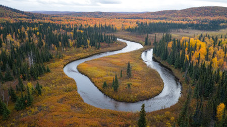 Aerial view of a river in the taiga in autumn.の写真素材