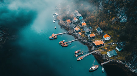 Aerial view of norwegian fjord with boats and houses.の写真素材