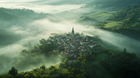 Panoramic view of the foggy villageの写真素材