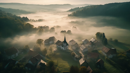 Panoramic view of idyllic village in foggy morningの写真素材