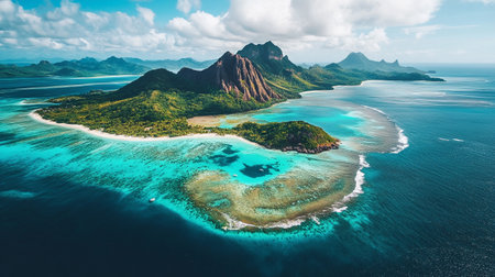 Aerial view of Seychelles islands, La Digue island, Seychellesの写真素材