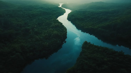 Aerial view of a river in the middle of the forest.の素材