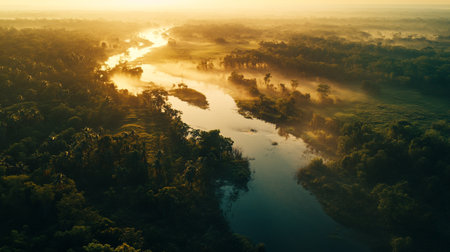 Aerial view of river and forest at sunrise. Beautiful nature backgroundの写真素材