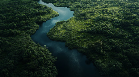 Aerial view of a river in the middle of a green forestの写真素材