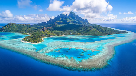 Panoramic aerial view of an islandの写真素材