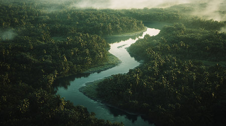 Aerial view of a river flowing through the jungle in the morningの写真素材