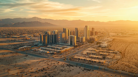 Aerial view of Dubai downtown at sunset, United Arab Emirates.の写真素材