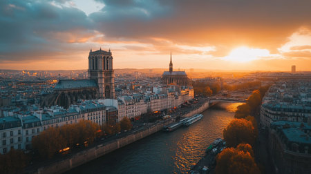 Aerial view of Notre Dame de Paris at sunset, France.の写真素材
