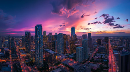 Aerial view of skyscrapers at sunsetの写真素材