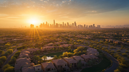 Aerial view of the city at sunset.の写真素材