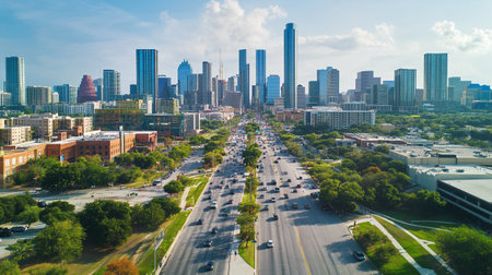 Aerial view of a downtown area in the USA. The city is known for its modern architecture and bustling urban life.の写真素材