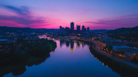 Panoramic view of Frankfurt am Main skyline at sunset, Germanyの写真素材