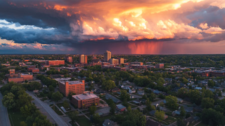 Aerial view of a thunderstorm over the city. Dramatic sunset.の写真素材
