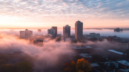 Aerial view of foggy morning in the city, Vilnius, Lithuaniaの写真素材