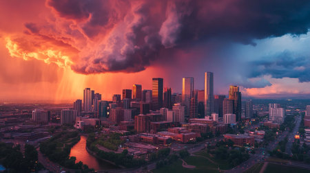 Aerial view of a thunderstorm over a city at sunset.の写真素材
