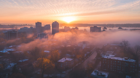 Aerial panoramic view of foggy city at sunrise.の写真素材