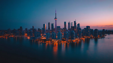 Aerial view of a city skyline at duskの写真素材