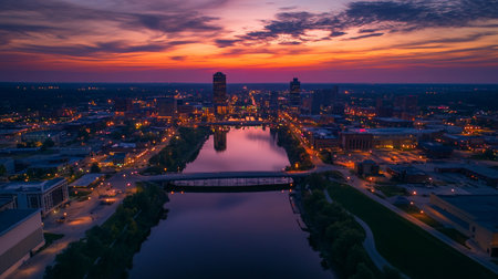 Aerial panoramic view of charlotte north carolina at sunsetの写真素材