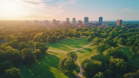 Aerial view of city park at sunset. Top view from droneの写真素材