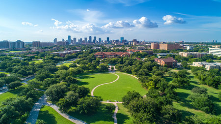 Aerial panoramic view of a city park with urban skyline in the backgroundの写真素材