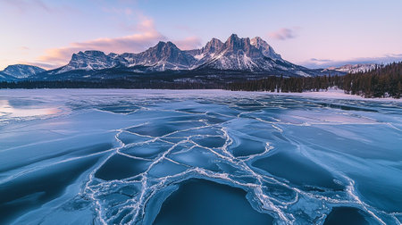 Majestic sunset over frozen lake in Banff National Park, Canadaの写真素材