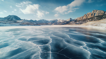 Frozen lake in the mountains. Beautiful winter landscape with ice and snow.の写真素材