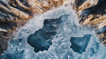Aerial view of frozen lake with snow and ice in Iceland.の写真素材