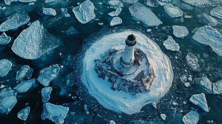 Aerial view of a lighthouse in the ice of Lake Baikalの写真素材