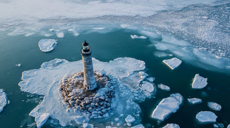 Aerial view of a lighthouse on the ice of Lake Baikalの写真素材