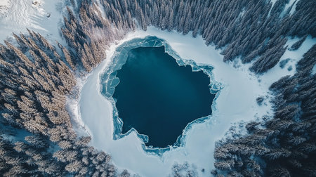 Aerial view of frozen lake in winter forest. Drone photography.の写真素材