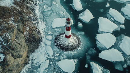 Aerial view of a lighthouse on ice floe in Iceland.の写真素材
